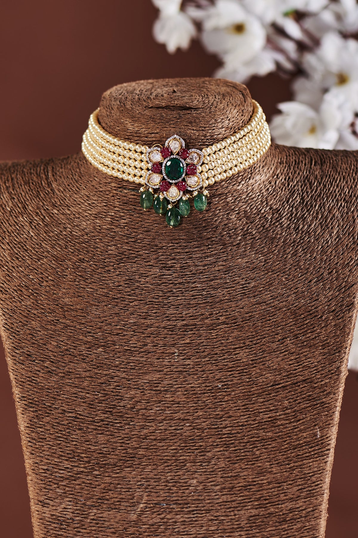 Gold Finish Faux Emeralds & Ruby Choker Necklace In Sterling Silver