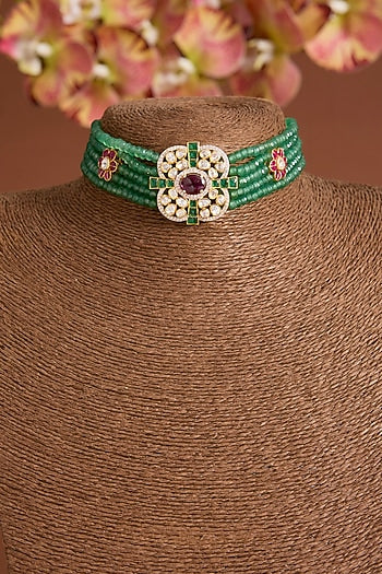 Gold Finish Kundan Polki & Red Stone Choker Necklace