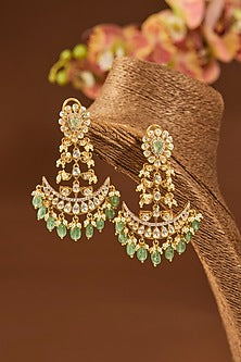 Gold Finish Kundan Polki & Emerald Stone Chandbali Earrings