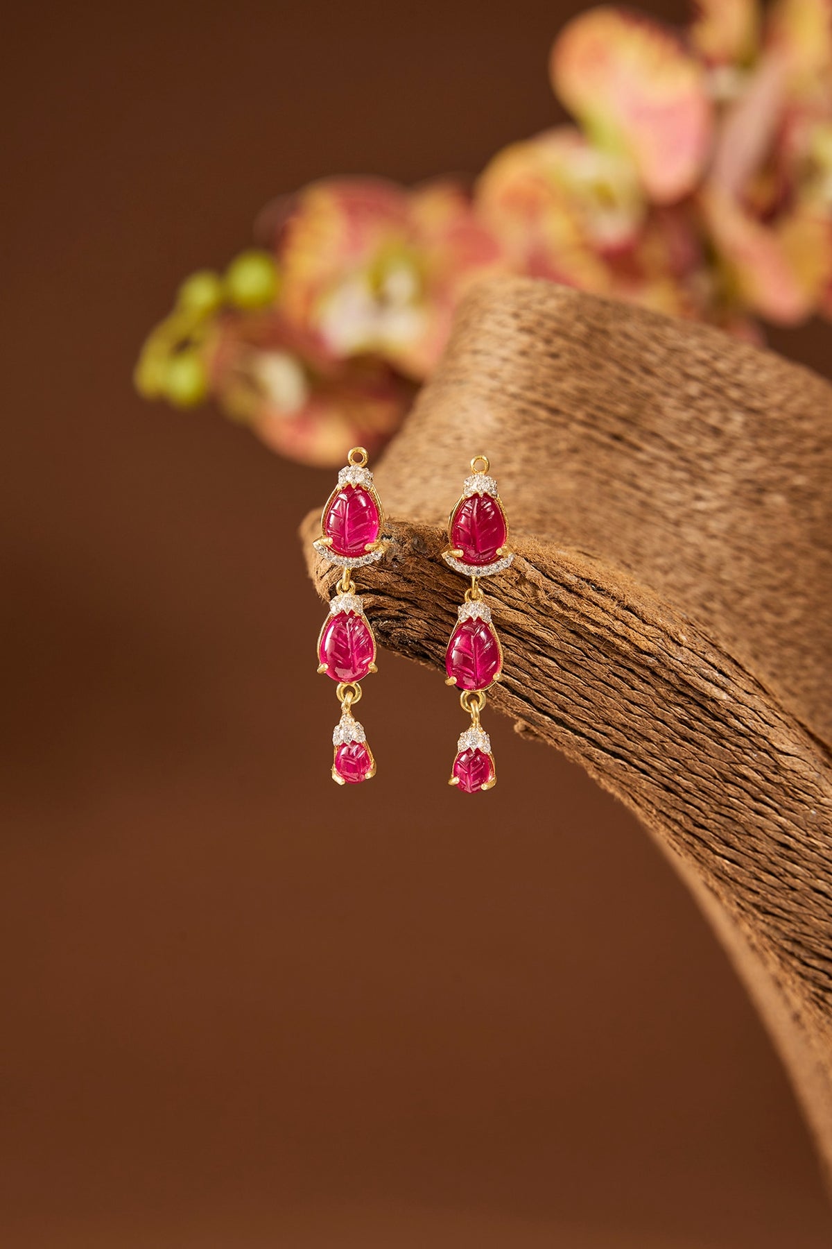Gold Finish Ruby Stone Dangler Earrings In Sterling Silver