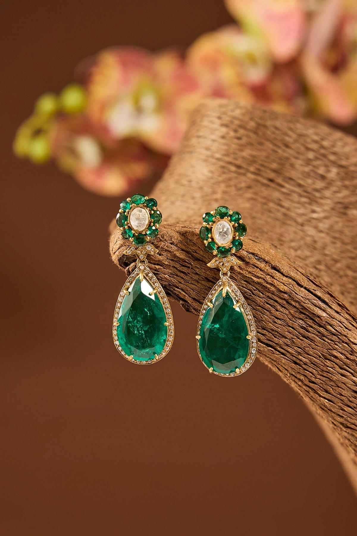Gold Finish Kundan Polki & Emerald Stone Dangler Earrings