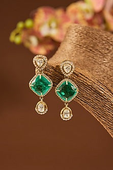 Gold Finish Kundan Polki & Emerald Stone Dangler Earrings