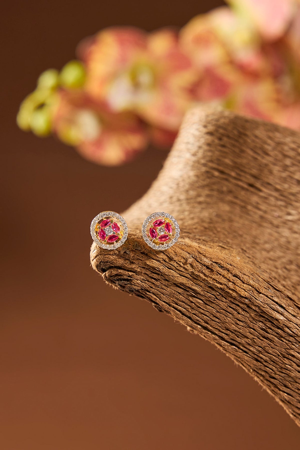 Gold Finish Kundan Polki & Ruby Stone Stud Earrings