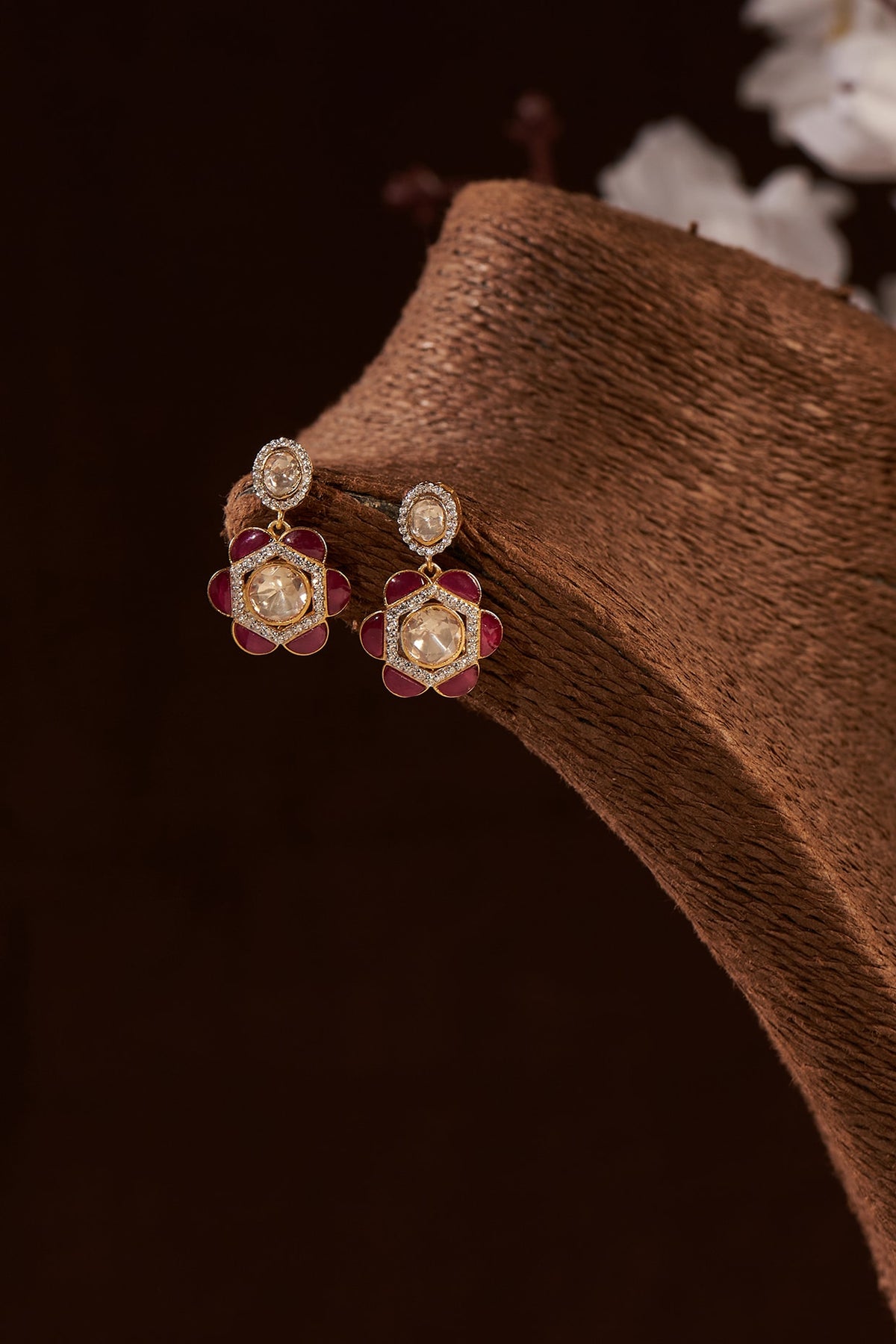 Gold Finish Moissanite Polki & Ruby Synthetic Stones Dangler Earrings In Sterling Silver