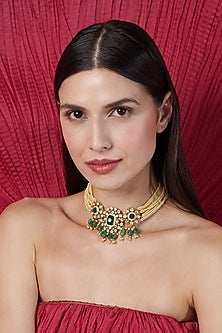 Gold Finish Emerald Synthetic Stones Choker Necklace In Sterling Silver