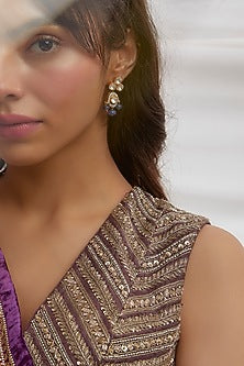 Gold Finish Moissanite Polki Dangler Earrings In Sterling Silver