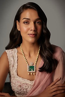 Gold Finish Moissanite Polki & Green Stone Long Necklace In Sterling Silver