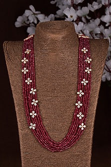 Gold Finish Moissanite Polki & Ruby Mala Necklace In Sterling Silver