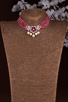 Gold Finish Moissanite Polki & Ruby Stone Choker Necklace In Sterling Silver
