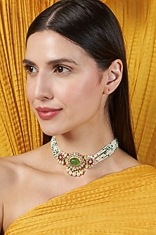 Gold Finish Faux Emeralds & Rubies Necklace In Sterling Silver
