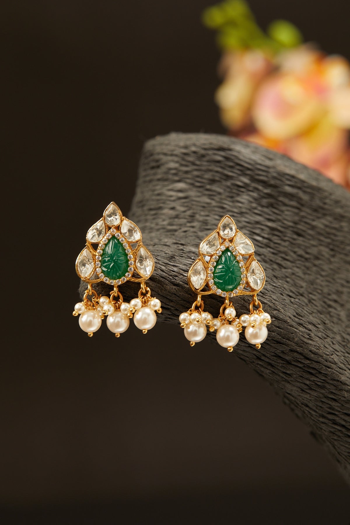 Gold Finish Moissanite & Emerald Synthetic Stones Earrings In Sterling Silver