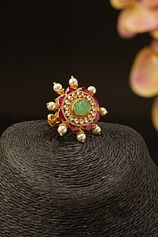 Gold Finish Faux Emerald & Rubies Ring In Sterling Silver