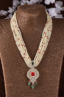 Gold Finish Moissanite Polki & Ruby Stone Long Necklace In Sterling Silver