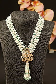 Gold Finish Pearl Long Necklace In Sterling Silver