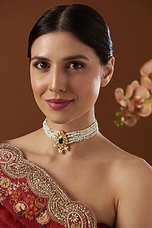 Gold Finish Choker Necklace With Pearls In Sterling Silver