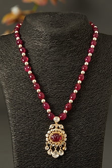 Gold Finish Red Stone Long Necklace In Sterling Silver