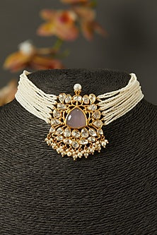 Gold Finish Choker Necklace With Pearls In Sterling Silver