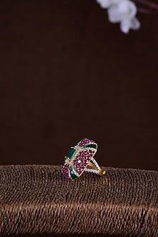 Gold Finish Moissanite Polki & Multi-Colored Ring In Sterling Silver