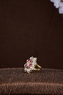 Gold Finish Moissanite Polki & Ruby Synthetic Stone Ring In Sterling Silver