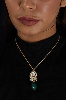 Gold Finish Synthetic Green Stone Necklace In Sterling Silver
