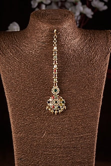 Gold Finish Moissanite Polki & Multi-Colored Stone Maangtikka In Sterling Silver
