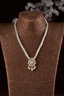 Gold Finish Moissanite Polki & Pearl Long Necklace In Sterling Silver