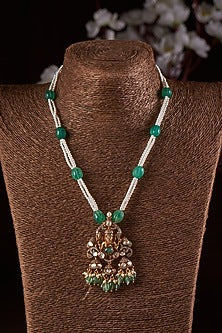 Gold Finish Moissanite Polki & Green Stone Long Necklace In Sterling Silver