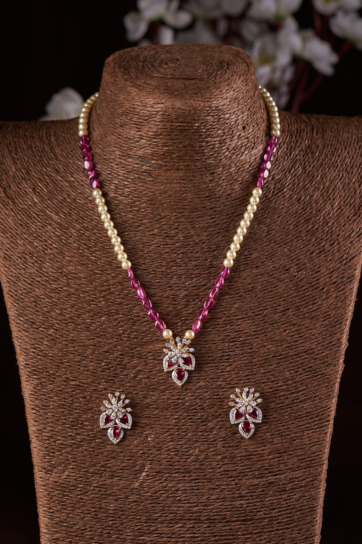 Gold Finish Moissanite Polki & Synthetic Red Stone Necklace Set In Sterling Silver