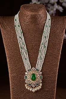 Gold Finish Moissanite Polki & Pearl Long Necklace In Sterling Silver