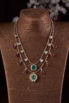 Gold Finish Moissanite Polki & Stone Layered Necklace In Sterling Silver
