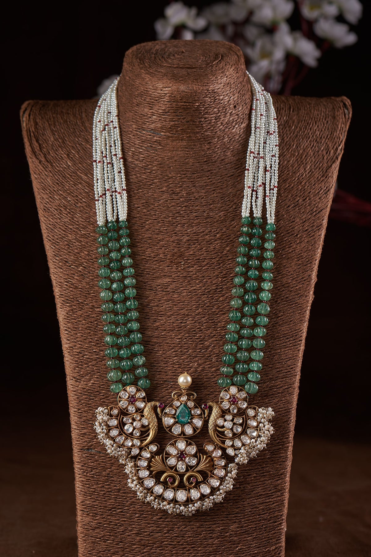 Gold Finish Moissanite Polki & Green Stone Long Necklace In Sterling Silver
