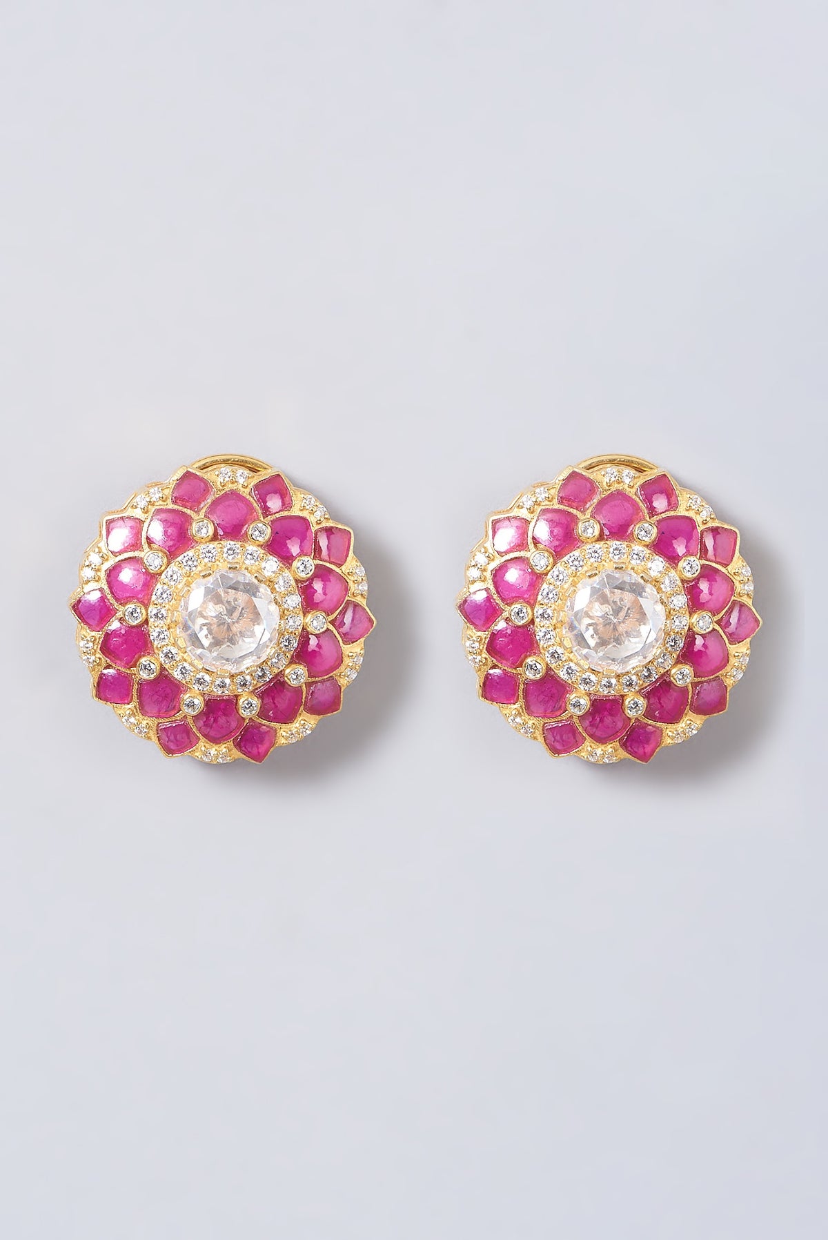 Gold Finish Moissanite Polki Stud Earrings In Sterling Silver