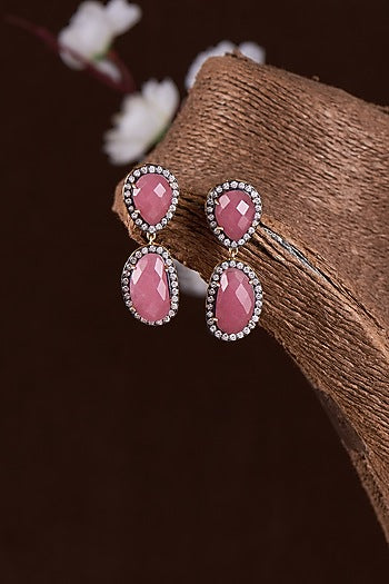 Gold Finish Moissanite Polki & Pink Stone Dangler Earrings In Sterling Silver