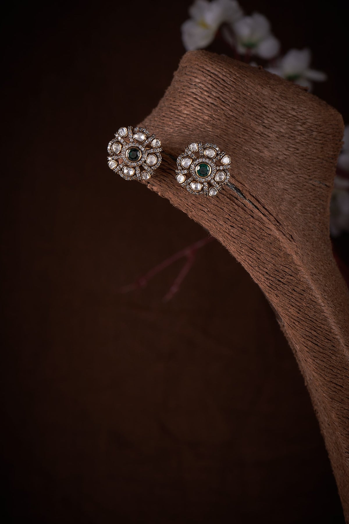 Gold Finish Moissanite Polki Stud Earrings In Sterling Silver