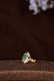 Gold Finish Moissanite Polki & Green Stone Ring In Sterling Silver