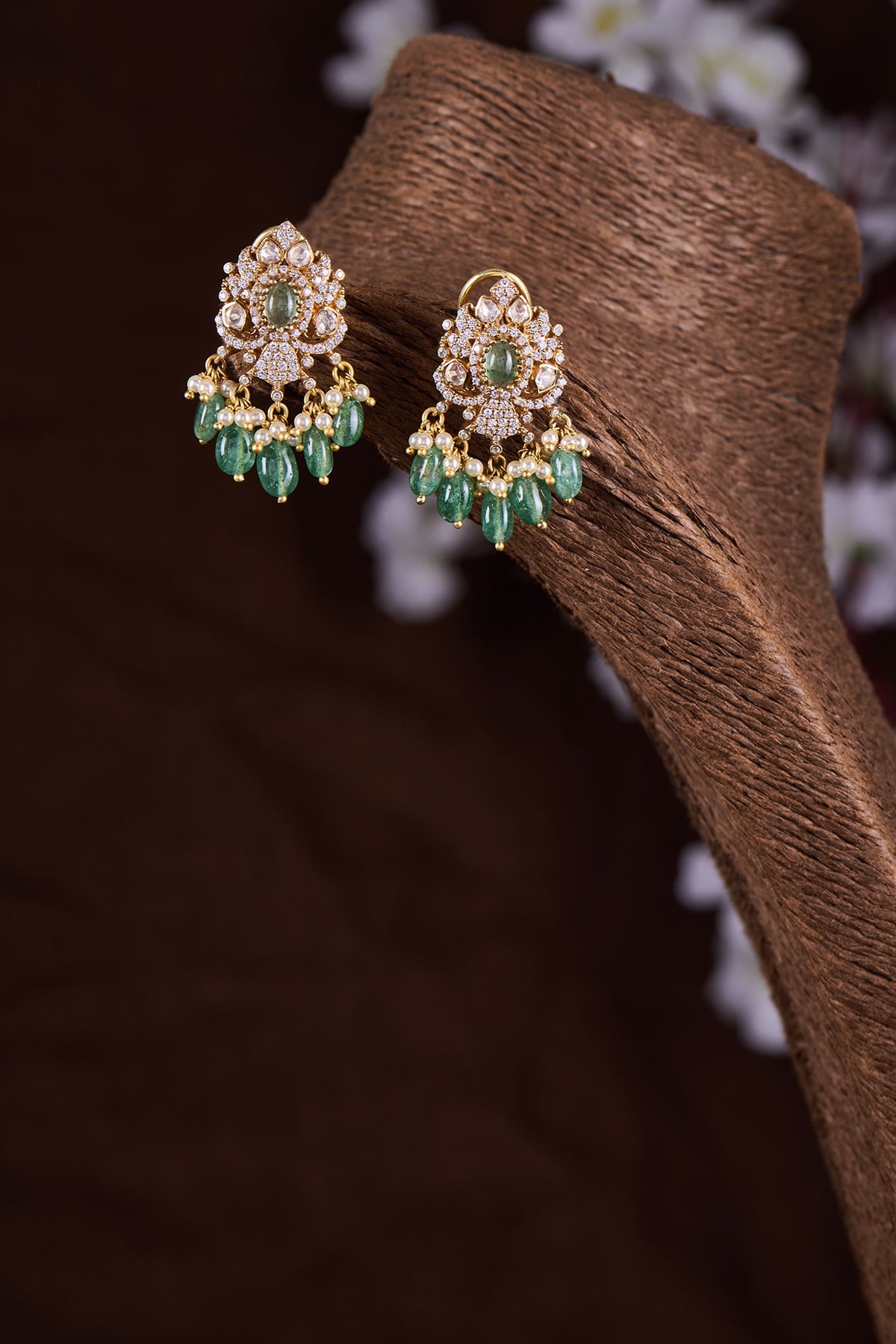 Gold Finish Moissanite Polki & Green Stone Dangler Earrings In Sterling Silver