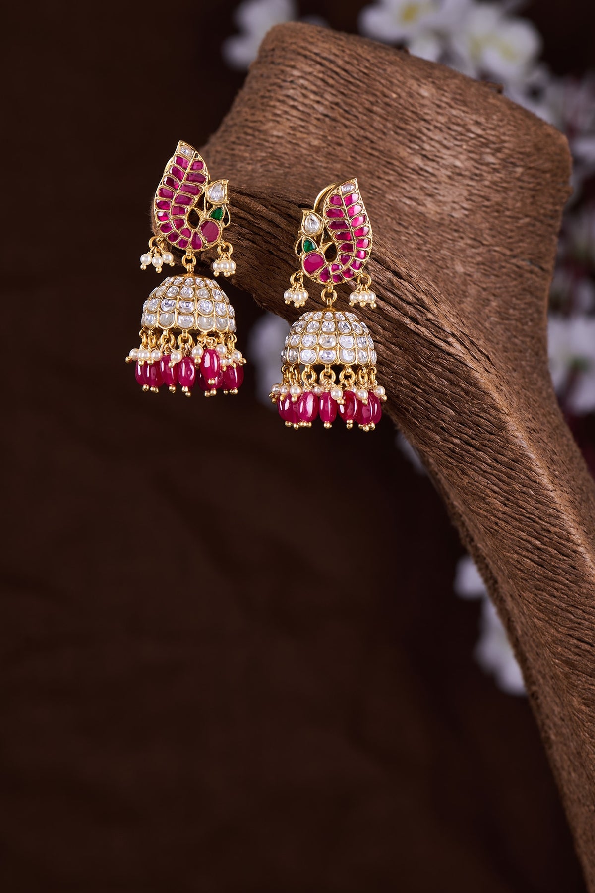 Gold Finish Moissanite Polki & Red Stone Jhumka Earrings In Sterling Silver