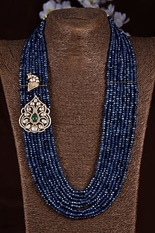 Gold Finish Moissanite Polki & Blue Stone Long Necklace In Sterling Silver