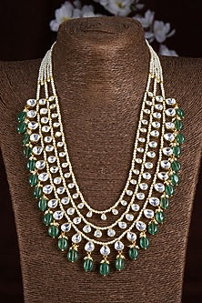Gold Finish Moissanite Polki & Green Stone Long Necklace In Sterling Silver