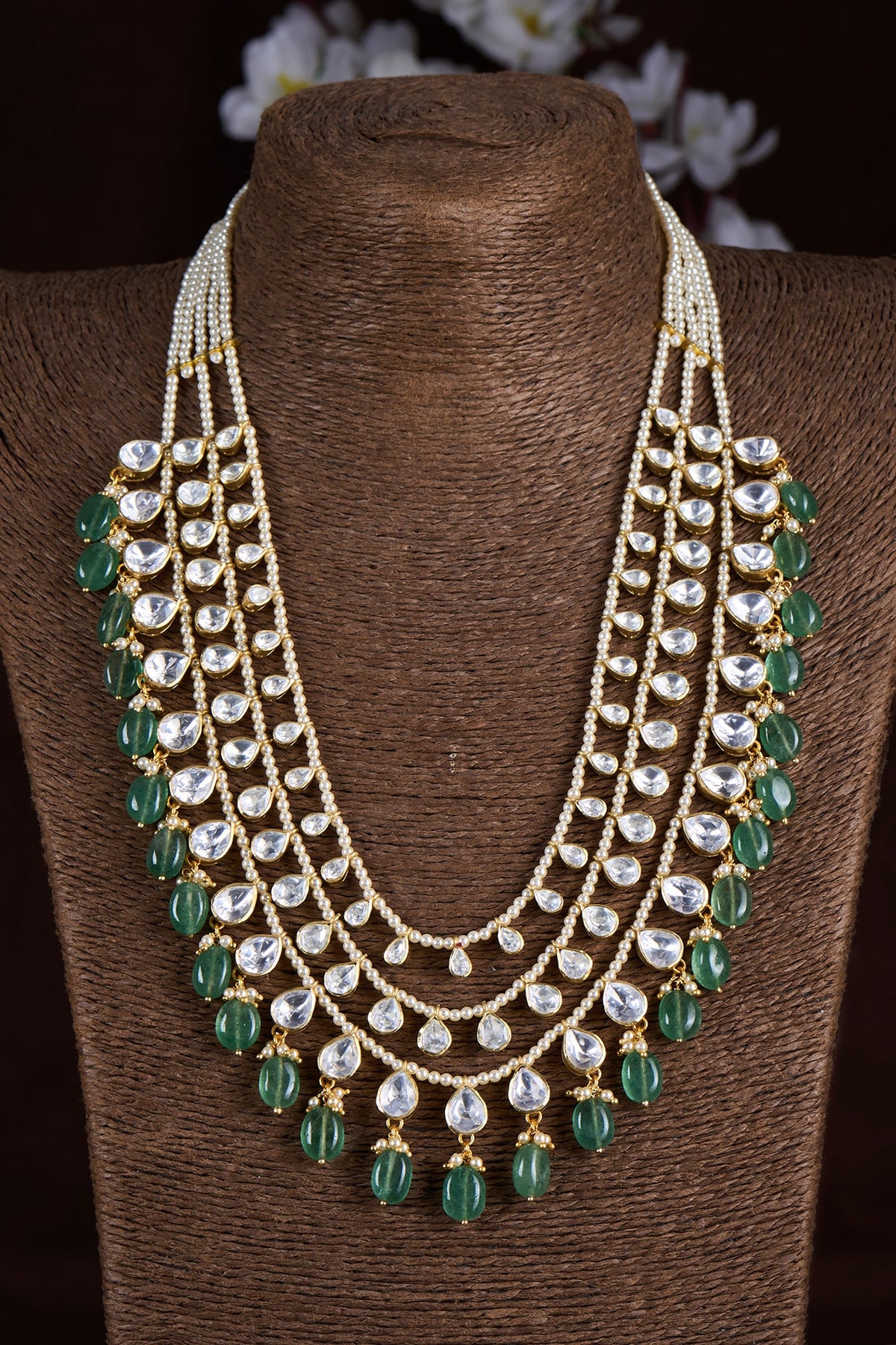 Gold Finish Moissanite Polki & Green Stone Long Necklace In Sterling Silver