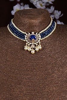 Gold Finish Moissanite Polki & Blue Stone Choker Necklace In Sterling Silver