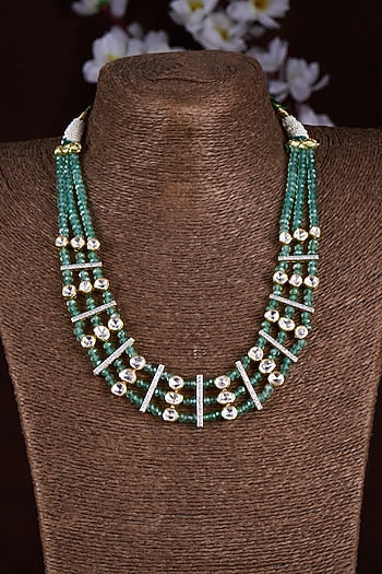 Gold Finish Moissanite Polki & Green Stone Long Necklace In Sterling Silver
