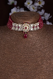 Gold Finish Moissanite Polki & Red Stone Choker Necklace In Sterling Silver