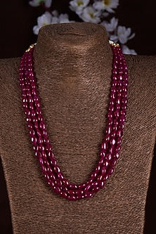 Gold Finish Moissanite Polki & Red Stone Long Necklace In Sterling Silver