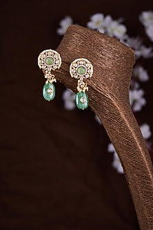 Gold Finish Moissanite Polki & Green Stone Dangler Earrings In Sterling Silver