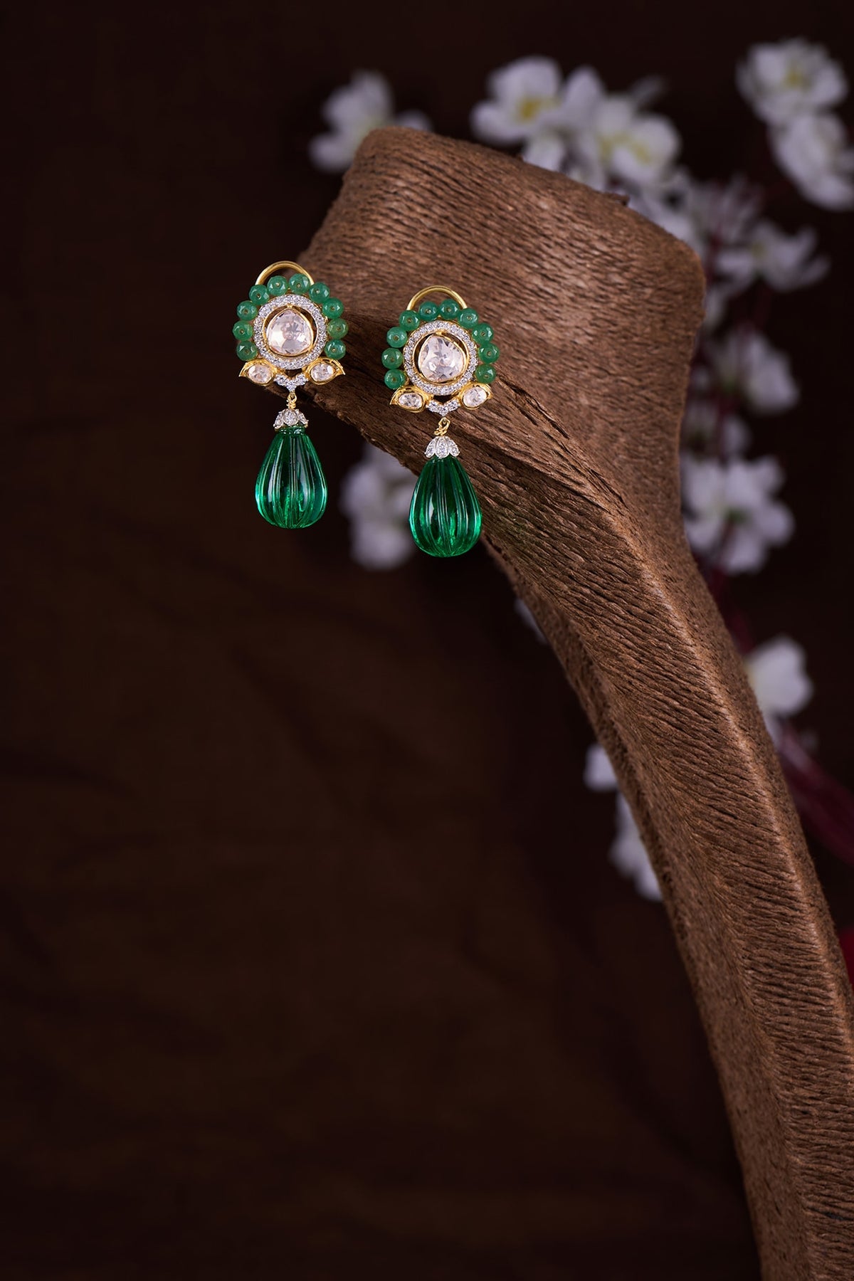 Gold Finish Moissanite Polki & Green Stone Dangler Earrings In Sterling Silver