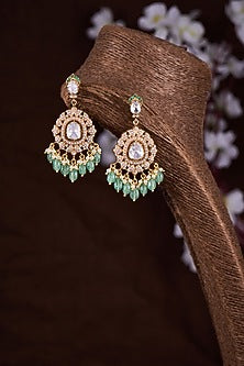 Gold Finish Moissanite Polki & Green Stone Chandbali Earrings In Sterling Silver