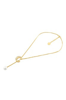 Gold Plated Mirror & Pearl Long Necklace