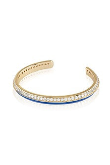 Gold Plated CZ Stone Navy Blue Enameled Disco Cuff Bracelet