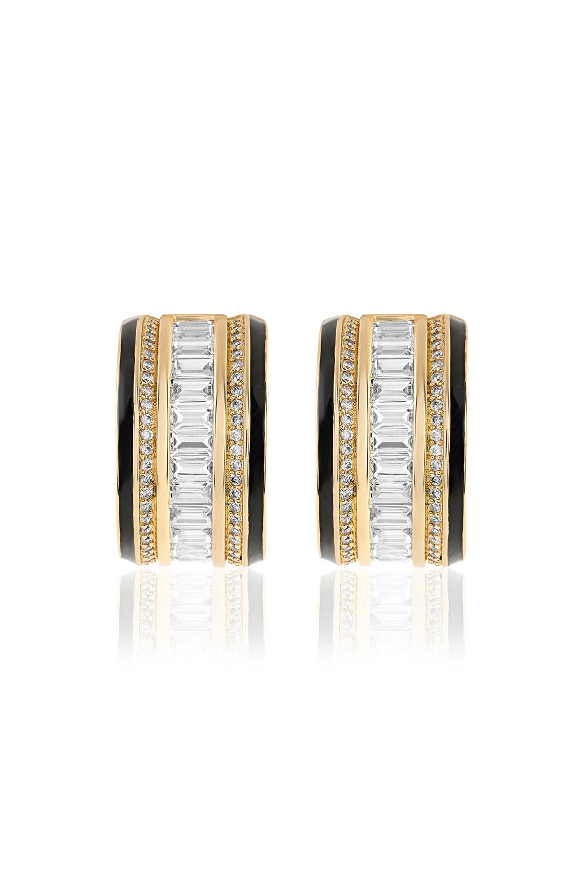 Gold Plated CZ Stone Black Enameled Hoop Earrings